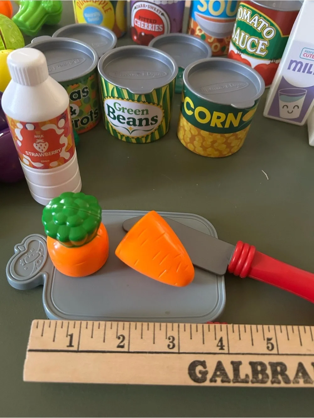 Pretend Play Plastic Food: Fruits Veggies Cans Milk & Cutting Board Kitchen Toys